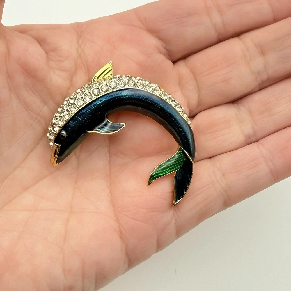 Signed DIS Vintage Dolphin Brooch Blue Green Enamel Rhinestone Gold Tone Pin